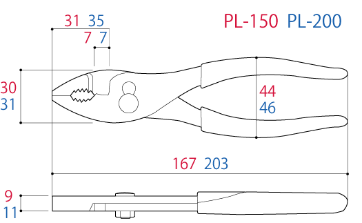 Kìm 2 Lỗ - Kìm Cá Sấu 176mm Tsunoda PL-150_drawing