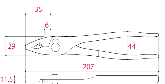 Kìm 2 Lỗ - Kìm Cá Sấu Loại Mỏng Cán Trần 207mm Tsunoda S-PL-200_drawing