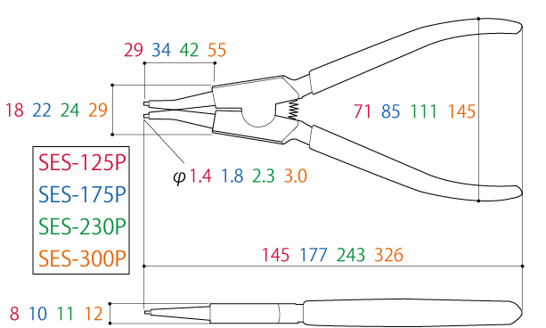 Kìm Mở Phe Mũi Thẳng 243mm Tsunoda SES-230P_drawing