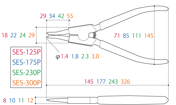 Kìm Mở Phe Mũi Thẳng 145mm Tsunoda SES-125P_drawing