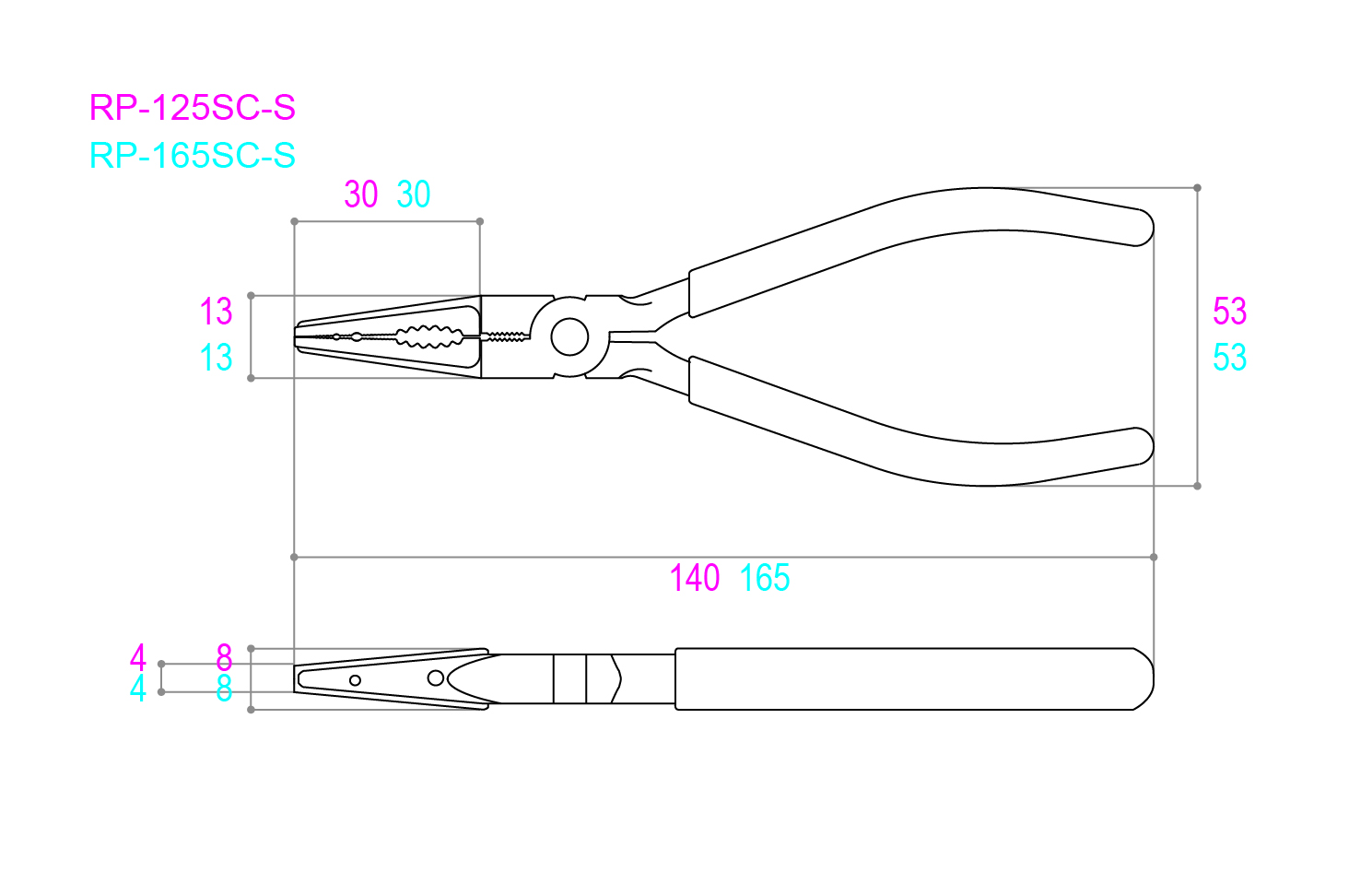 Kìm Mỏ Nhọn Miệng Nhựa 165mm Tsunoda RPP-165SC-S_drawing