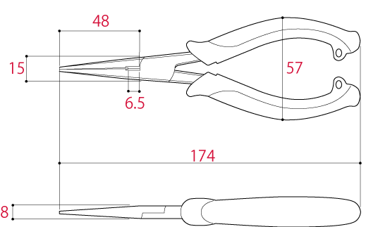 Kìm Mỏ Nhọn Bằng Thép Không Gỉ 174mm Tsunoda SR-150DG_drawing