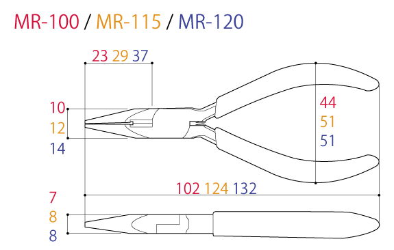 Kìm Mỏ Nhọn Mini TSUNODA MR-115DG_drawing