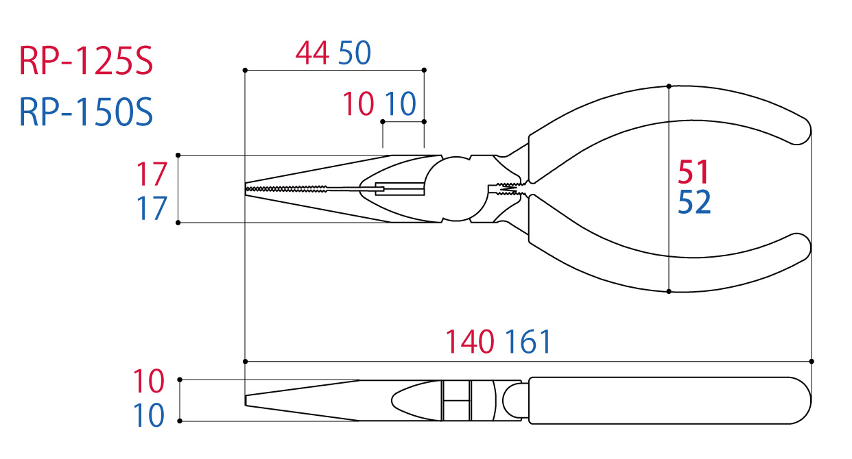 Kìm Mỏ Nhọn 161mm Tsunoda RP-150S_drawing