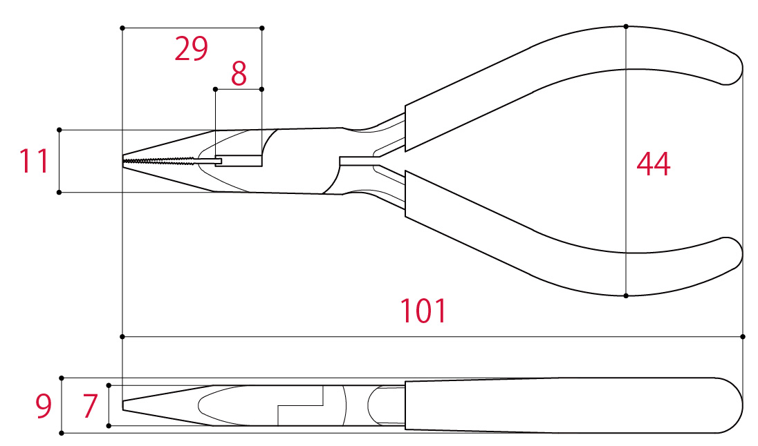 Kìm Mỏ Nhọn Mini 102mm Tsunoda MR-100_drawing
