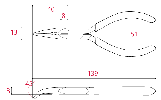 Kìm Mỏ Nhọn Mũi Cong 139mm Tsunoda RB-125_drawing