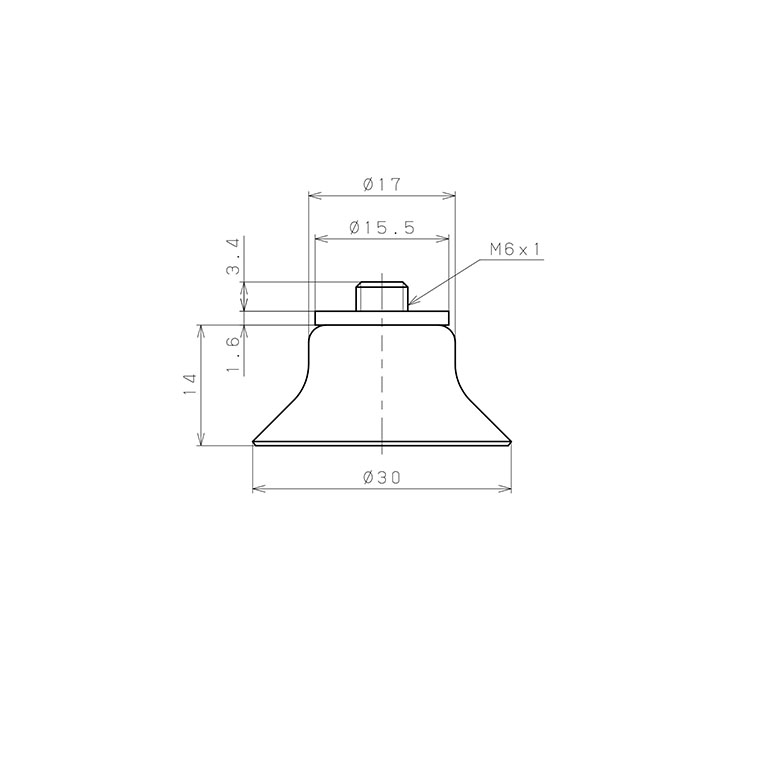Bộ Nấm Hút Chân Không Có Vít Ren, Cao Su Nitrile (NBR), O.D 30 mm, Pisco VP30AN-M6_drawing