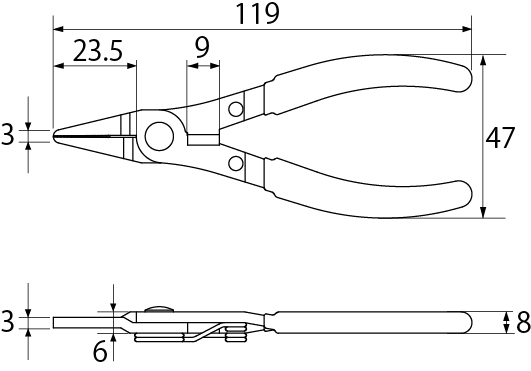 Kìm Mỏ Nhọn Không Gỉ Đa Năng Có Lưỡi Cắt Top Kogyo PK-100_drawing