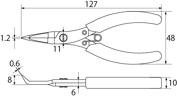 Kìm Mỏ Nhọn Không Gỉ Mũi Cong Có Răng Cưa Top Kogyo NN-100BN_drawing