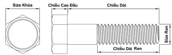 Bulong Đầu Lục Giác Thép Mạ Kẽm 8.8 DIN931 M6x40 Ren Lửng_drawing