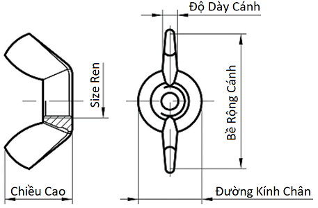 Tán Cánh Chuồn Thép Mạ Kẽm 4.6 M5_drawing