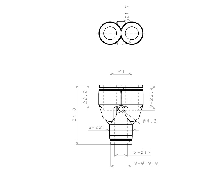 Đầu Nối Nhanh Khí Nén Chữ T Phi 12mm Pisco PY12_drawing