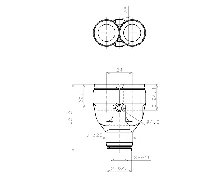 Đầu Nối Nhanh Khí Nén Chữ T Phi 16mm Pisco PY16_drawing