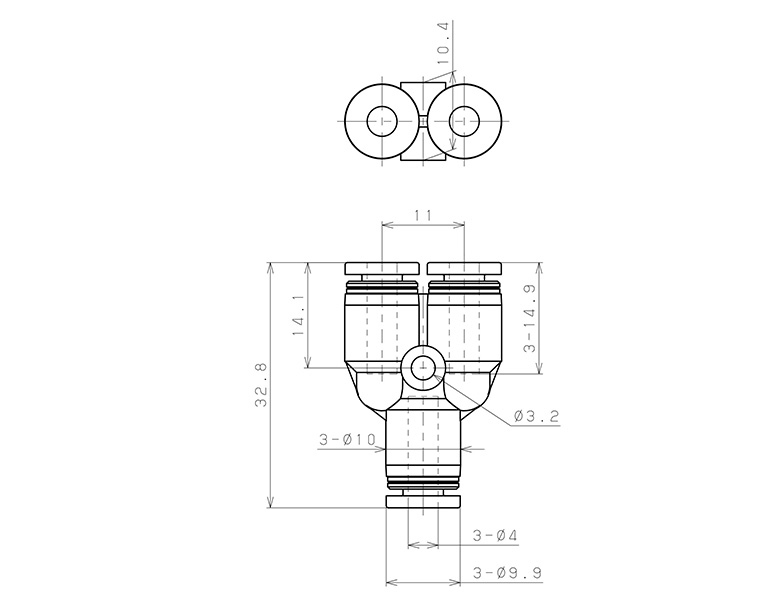 Đầu Nối Nhanh Khí Nén Chữ T Phi 4mm Pisco PY4_drawing