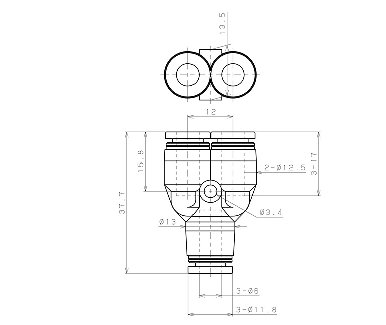 Đầu Nối Nhanh Khí Nén Chữ T Phi 6mm Pisco PY6_drawing