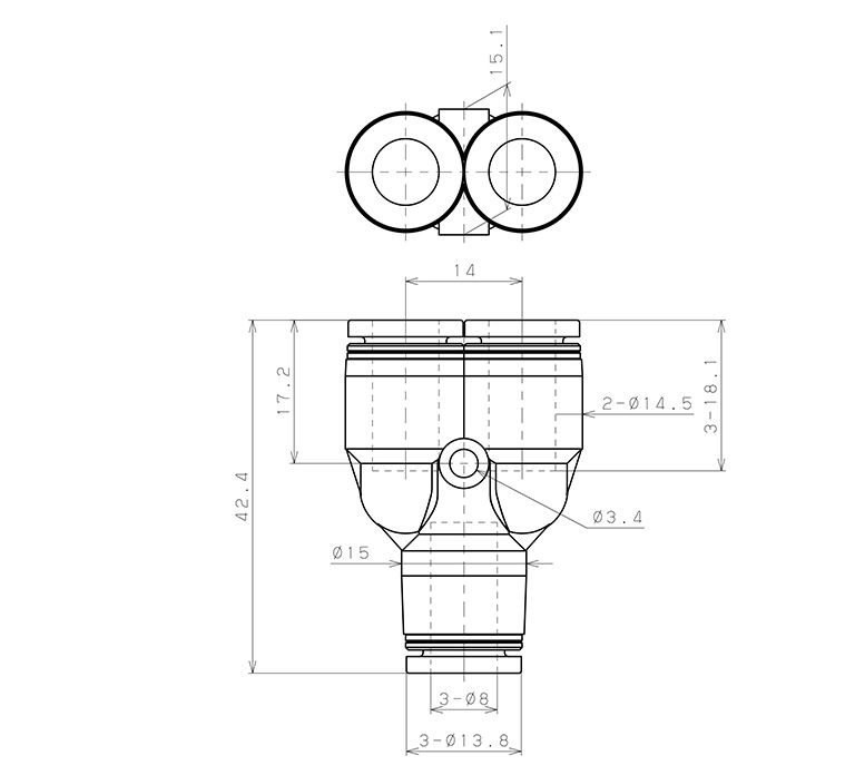 Đầu Nối Nhanh Khí Nén Chữ T Phi 8mm Pisco PY8_drawing