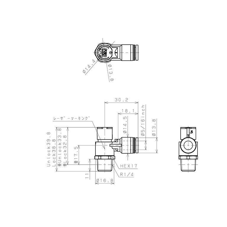 Van Tiết Lưu Khí Nén Loại Khóa Đẩy Có Hiển Thị Chỉ Số Pisco JSGC5/16-02BLW_drawing