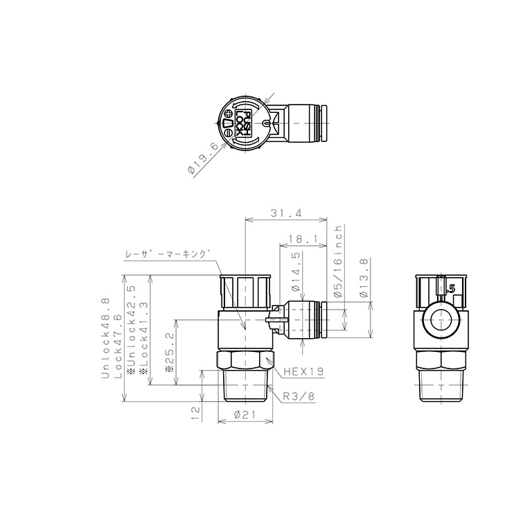 Van Tiết Lưu Khí Nén Loại Khóa Đẩy Có Hiển Thị Chỉ Số Pisco JSGC5/16-03AW_drawing