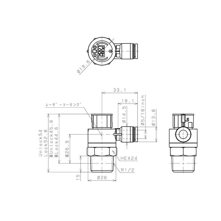 Van Tiết Lưu Khí Nén Loại Khóa Đẩy Có Hiển Thị Chỉ Số Pisco JSGC5/16-04ALW_drawing