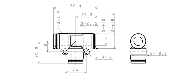 Đầu Nối Nhanh Khí Nén Chữ T Phi 10mm Pisco PE10_drawing