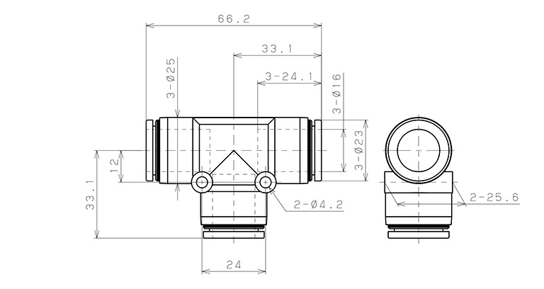 Đầu Nối Nhanh Khí Nén Chữ T Phi 16mm Pisco PE16_drawing
