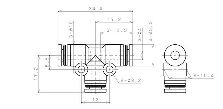 Đầu Nối Nhanh Khí Nén Chữ T Phi 4mm Pisco PE4_drawing