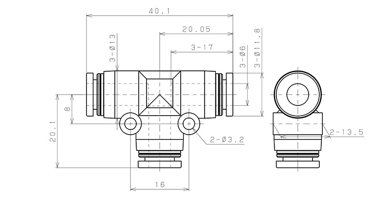 Đầu Nối Nhanh Khí Nén Chữ T Phi 6mm Pisco PE6_drawing