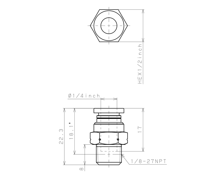 Đầu Nối Nhanh Khí Nén Dạng Thẳng Thân Lục Giác Ren Ngoài Pisco PC1/4-N1U_drawing