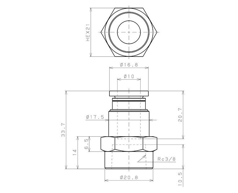 Đầu Nối Nhanh Khí Nén Thẳng Phi 10mm Ren Trong R3/8 Pisco PCF10-03_drawing