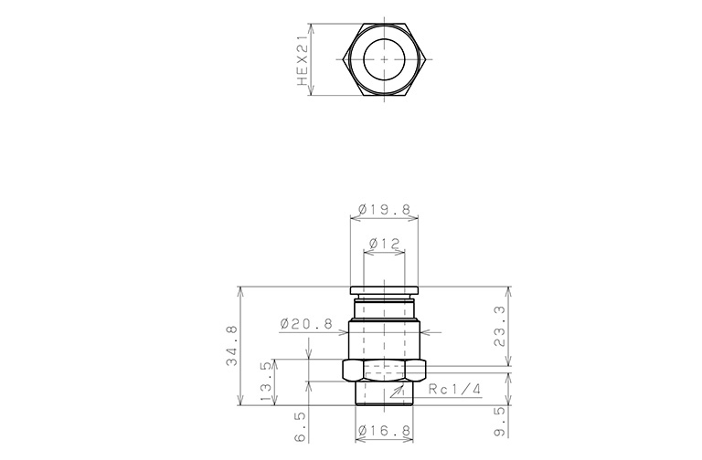 Đầu Nối Nhanh Khí Nén Thẳng Phi 12mm Ren Trong R1/4 Pisco PCF12-02_drawing