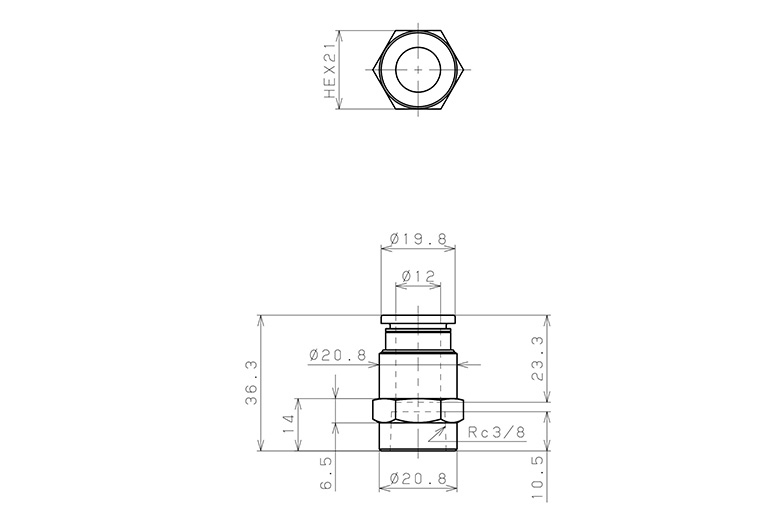 Đầu Nối Nhanh Khí Nén Thẳng Phi 12mm Ren Trong R3/8 Pisco PCF12-03_drawing