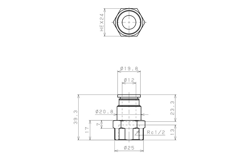 Đầu Nối Nhanh Khí Nén Thẳng Phi 12mm Ren Trong R1/2 Pisco PCF12-04_drawing