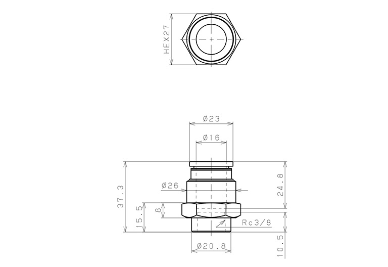 Đầu Nối Nhanh Khí Nén Thẳng Phi 16mm Ren Trong R3/8 Pisco PCF16-03_drawing