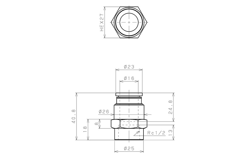Đầu Nối Nhanh Khí Nén Thẳng Phi 16mm Ren Trong R1/2 Pisco PCF16-04_drawing