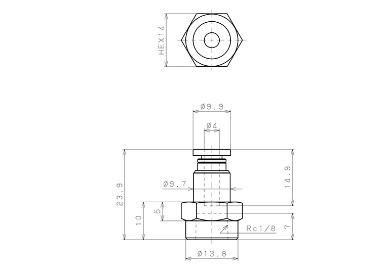 Đầu Nối Nhanh Khí Nén Thẳng Phi 4mm Ren Trong R1/8 Pisco PCF4-01_drawing