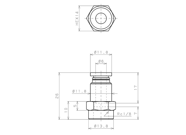 Đầu Nối Nhanh Khí Nén Thẳng Phi 6mm Ren Trong R1/8 Pisco PCF6-01_drawing