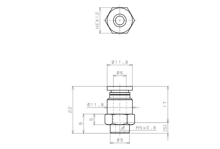 Đầu Nối Nhanh Khí Nén Thẳng Phi 6mm Ren Trong M5 Pisco PCF6-M5_drawing