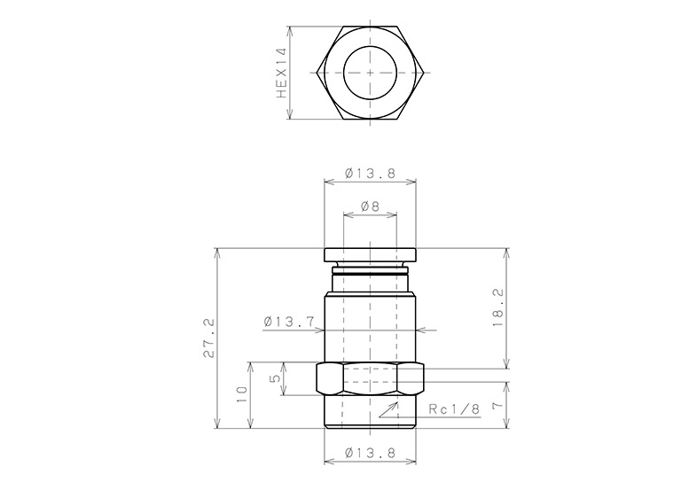 Đầu Nối Nhanh Khí Nén Thẳng Phi 8mm Ren Trong R1/8 Pisco PCF8-01_drawing