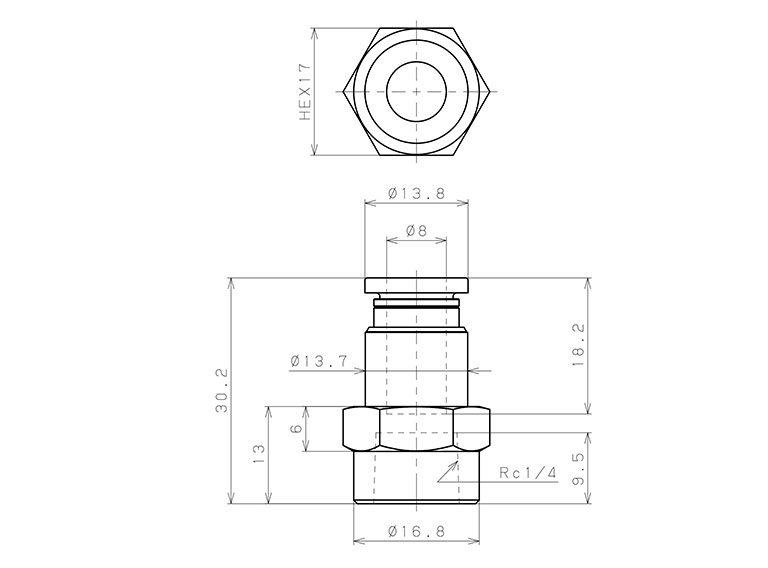 Đầu Nối Nhanh Khí Nén Thẳng Phi 8mm Ren Trong R1/4 Pisco PCF8-02_drawing