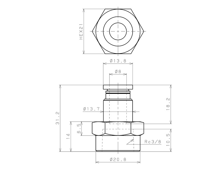Đầu Nối Nhanh Khí Nén Thẳng Phi 8mm Ren Trong R3/8 Pisco PCF8-03_drawing