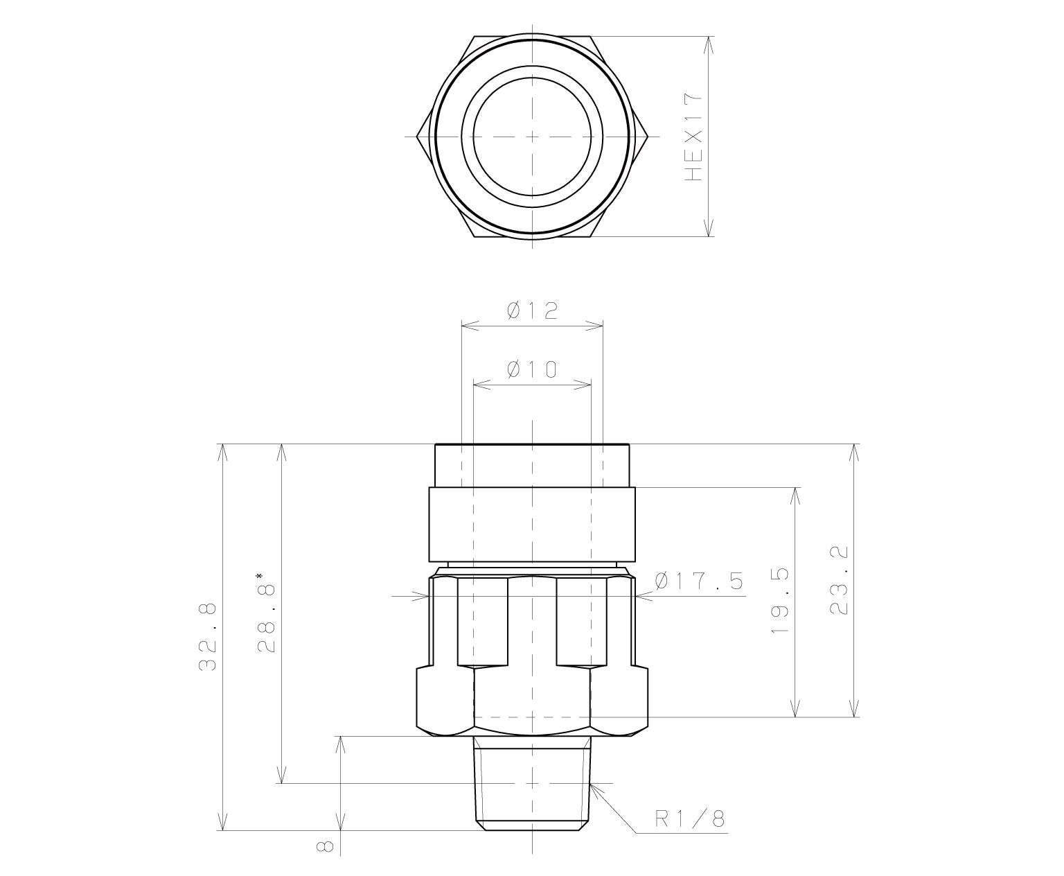 Đầu Nối Nhanh Khí Nén Thẳng Phi 10mm Ren Ngoài R1/8 Pisco KC10-01_drawing