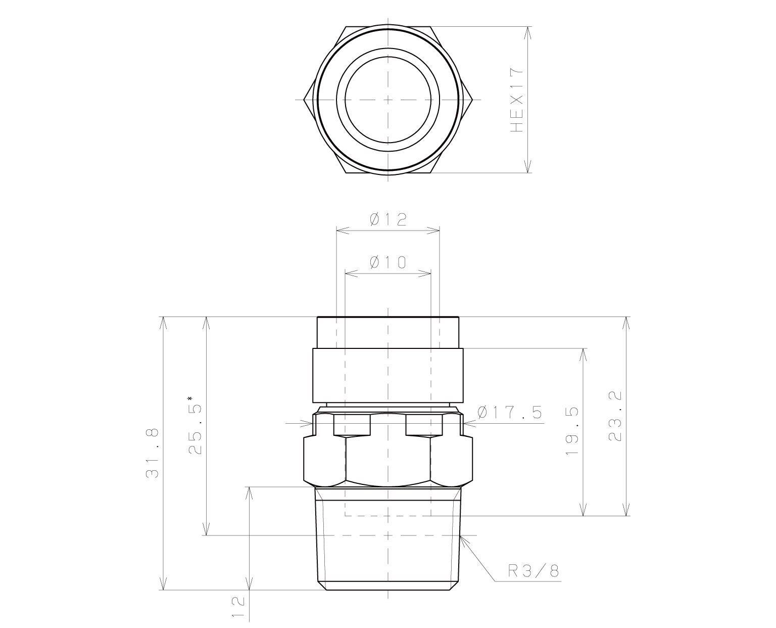 Đầu Nối Nhanh Khí Nén Thẳng Phi 10mm Ren Ngoài R3/8 Pisco KC10-03_drawing