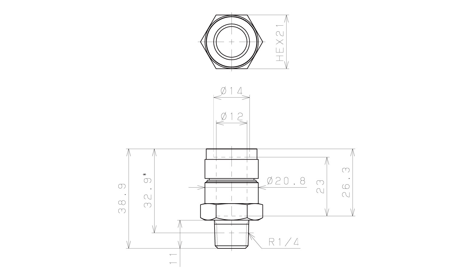 Đầu Nối Nhanh Khí Nén Thẳng Phi 12mm Ren Ngoài R1/4 Pisco KC12-02_drawing
