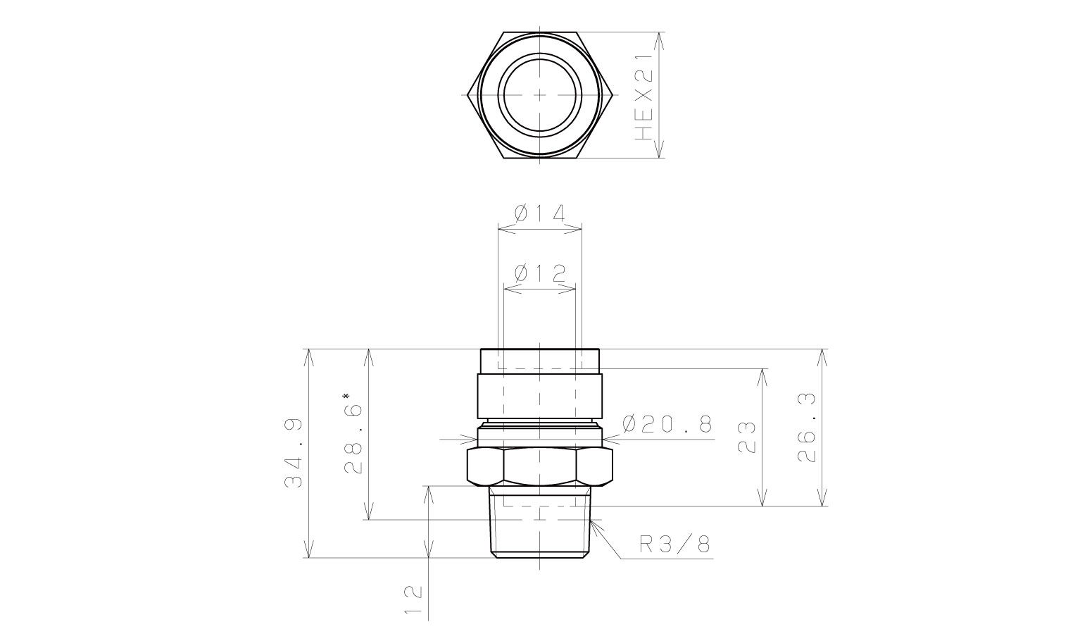Đầu Nối Nhanh Khí Nén Thẳng Phi 12mm Ren Ngoài R3/8 Pisco KC12-03_drawing