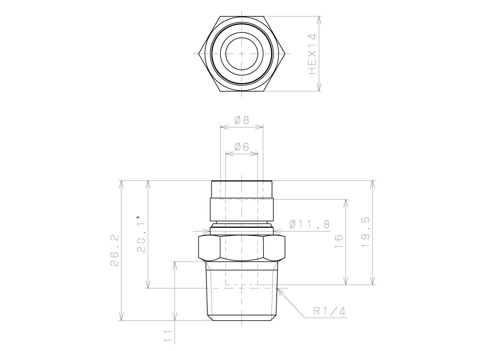 Đầu Nối Nhanh Khí Nén Thẳng Phi 6mm Ren Ngoài R1/4 Pisco KC6-02_drawing