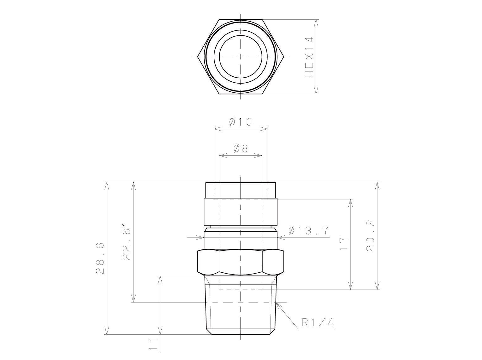 Đầu Nối Nhanh Khí Nén Thẳng Phi 8mm Ren Ngoài R1/4 Pisco KC8-02_drawing