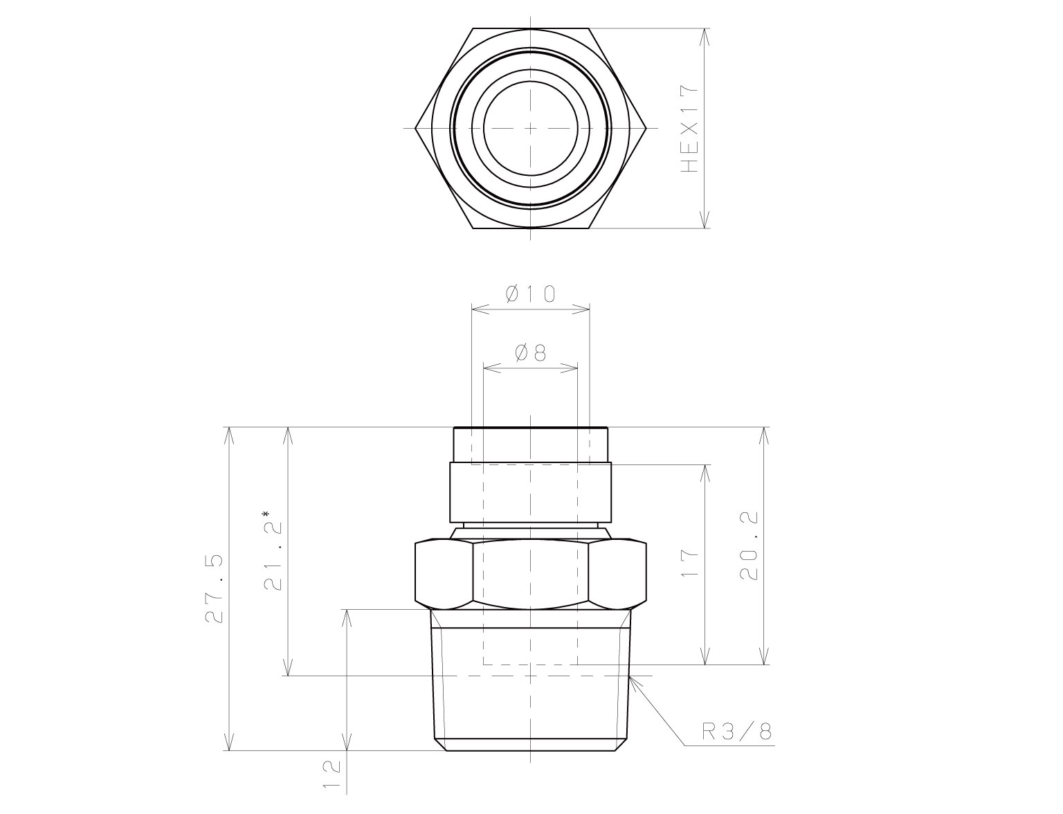 Đầu Nối Nhanh Khí Nén Thẳng Phi 8mm Ren Ngoài R3/8 Pisco KC8-03_drawing