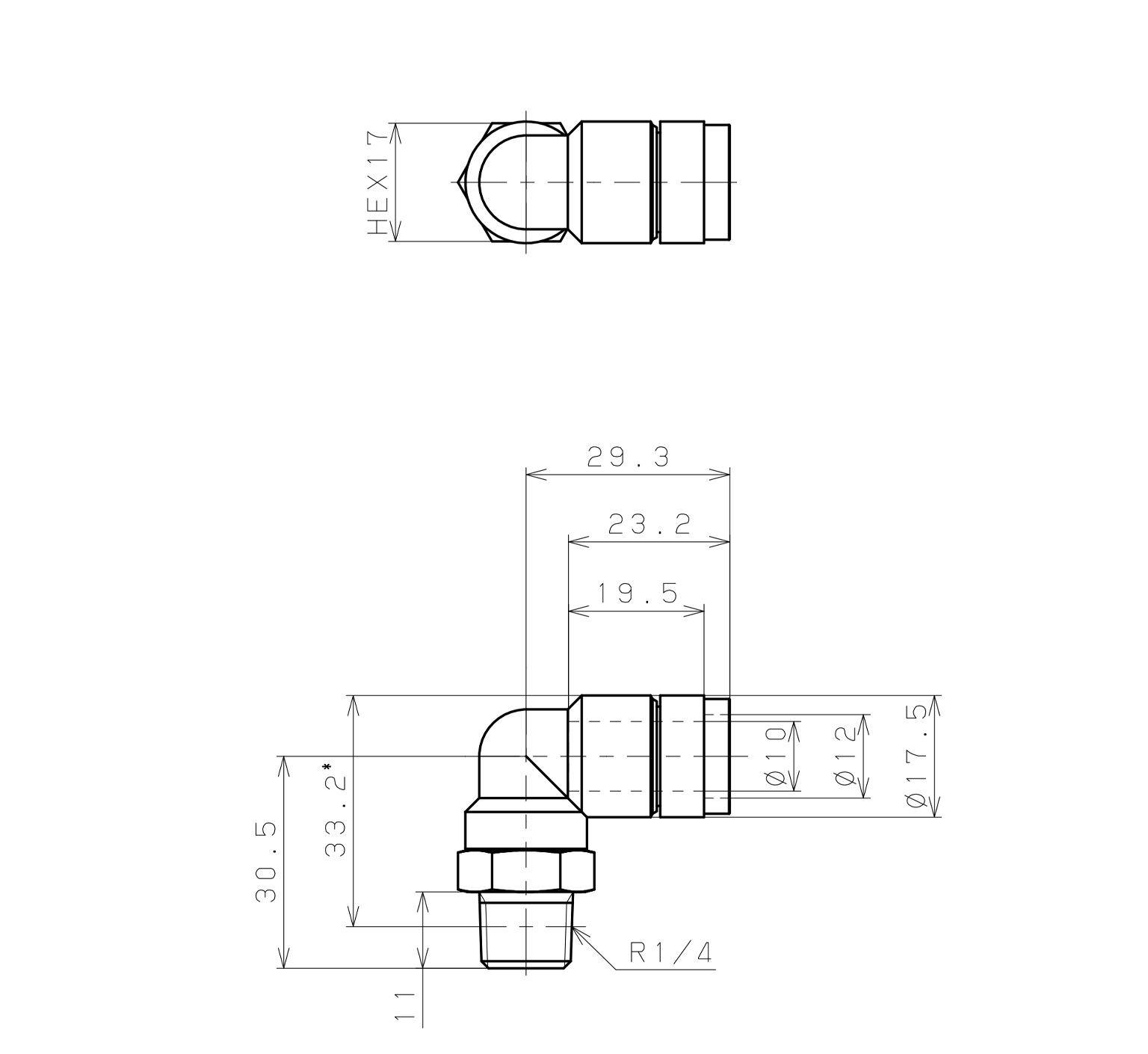 Đầu Nối Nhanh Khí Nén Cong 90° Phi 10mm Ren Ngoài R1/4 Pisco KL10-02_drawing