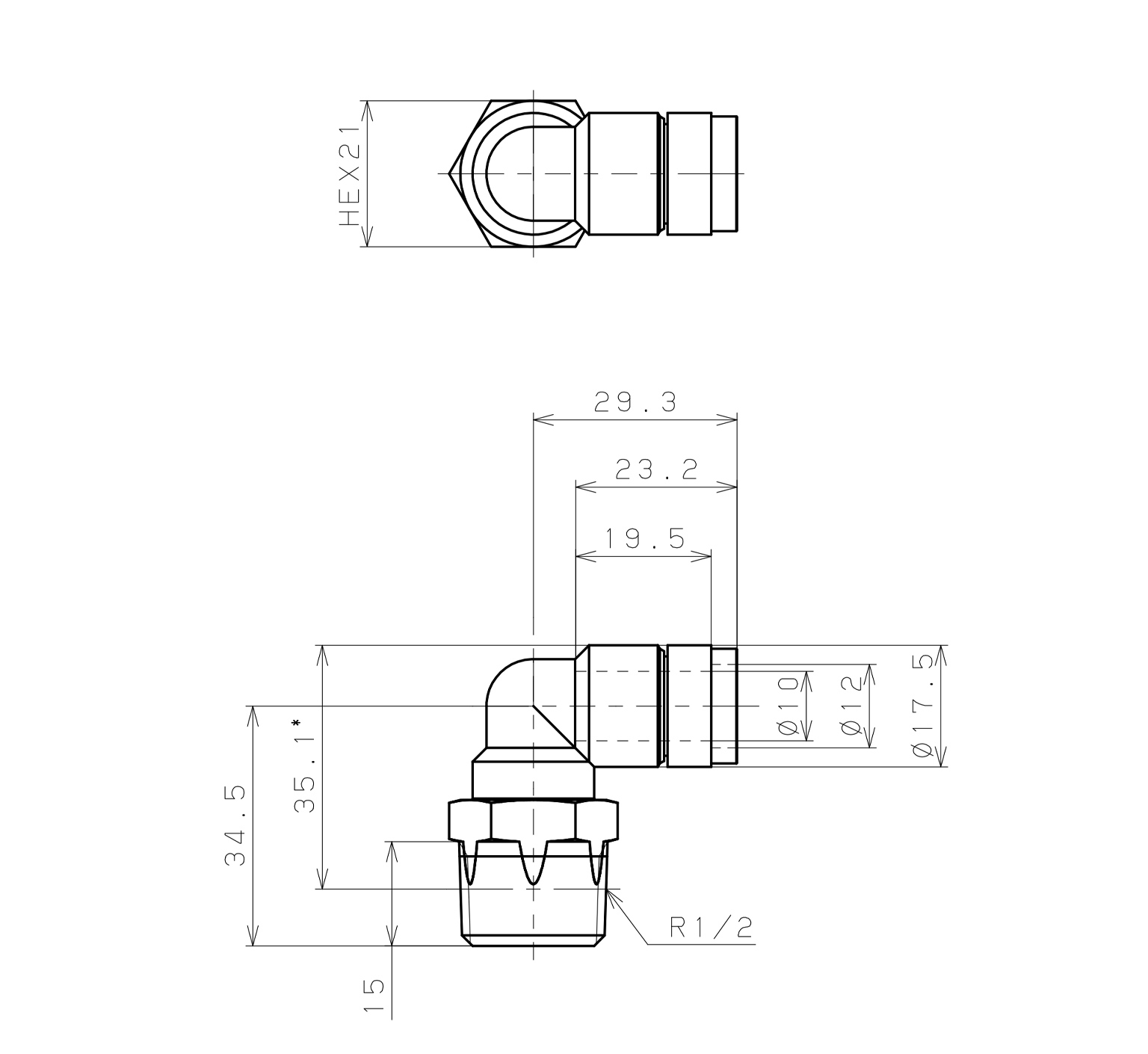 Đầu Nối Nhanh Khí Nén Cong 90° Phi 10mm Ren Ngoài R1/2 Pisco KL10-04_drawing