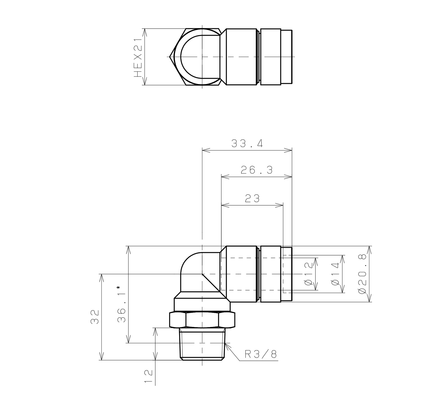 Đầu Nối Nhanh Khí Nén Cong 90° Phi 12mm Ren Ngoài R3/8 Pisco KL12-03_drawing